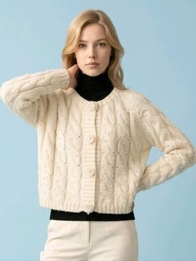 Vintage One Of A Kind Pearl-Embellished Cream Cable Knit Cardigan Sweater Medium